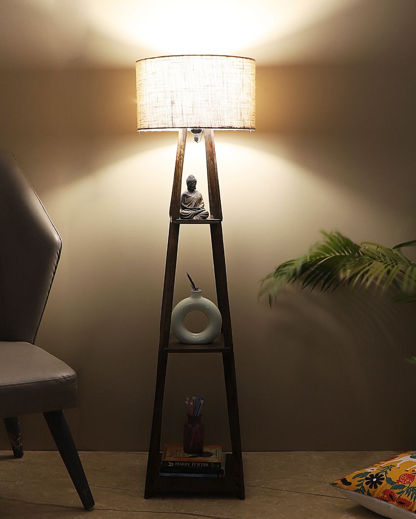 Three-Tiers Design Wooden Floor Lamp with Jute Shade | Bulb Not Included | 14 x 14 x 52 inches