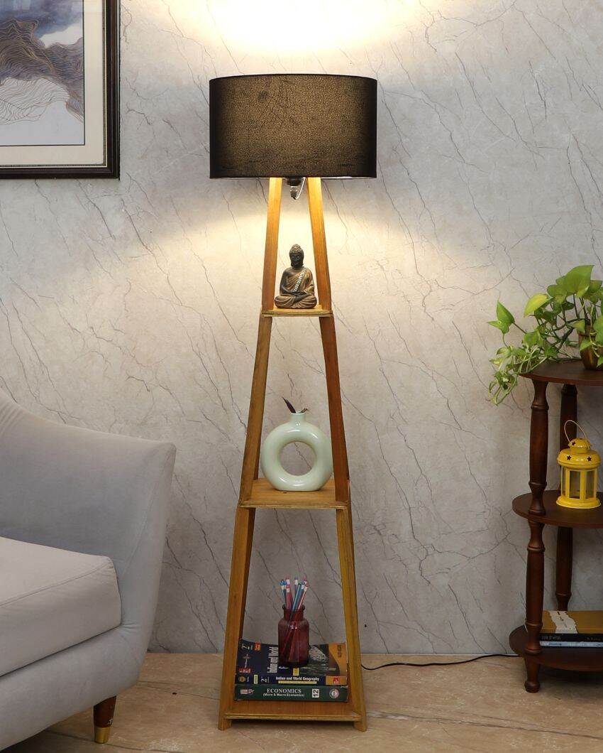 Sky-High Three-Tiers Design Wooden Floor Lamp with Cotton Shade | Bulb Not Included | 14 x 14 x 52 inches