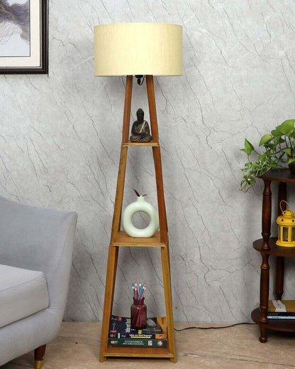 Sky-High Three-Tiers Design Wooden Floor Lamp with Cotton Shade | Bulb Not Included | 14 x 14 x 52 inches