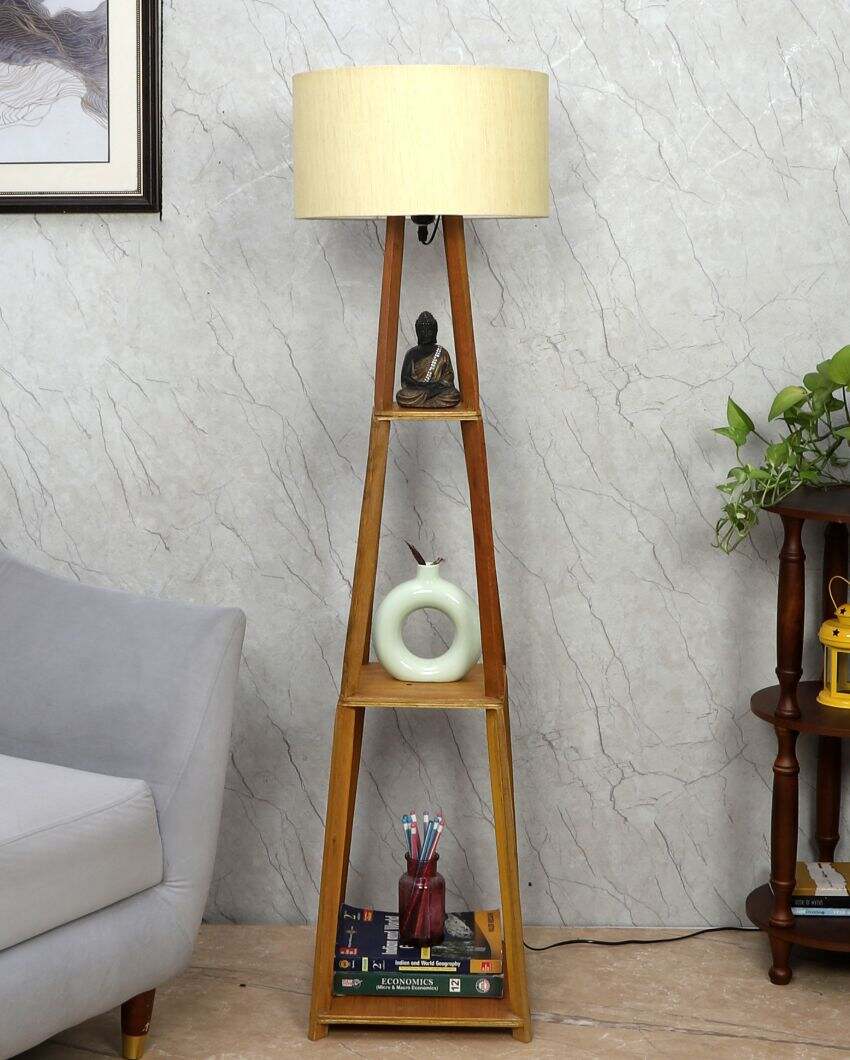 Sky-High Three-Tiers Design Wooden Floor Lamp with Cotton Shade | Bulb Not Included | 14 x 14 x 52 inches