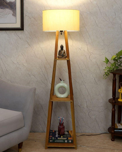 Sky-High Three-Tiers Design Wooden Floor Lamp with Cotton Shade | Bulb Not Included | 14 x 14 x 52 inches