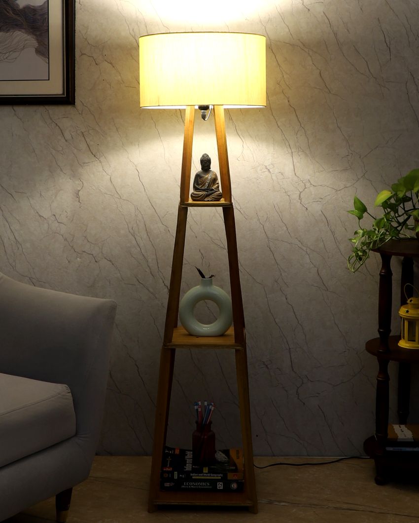 Sky-High Three-Tiers Design Wooden Floor Lamp with Cotton Shade | Bulb Not Included | 14 x 14 x 52 inches