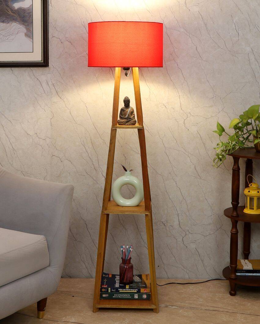 Sky-High Three-Tiers Design Wooden Floor Lamp with Cotton Shade | Bulb Not Included | 14 x 14 x 52 inches