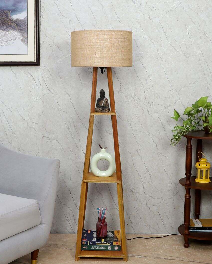 Decorative Three-Tiers Design Wooden Floor Lamp with Jute Shade | Bulb Not Included | 14 x 14 x 52 inches