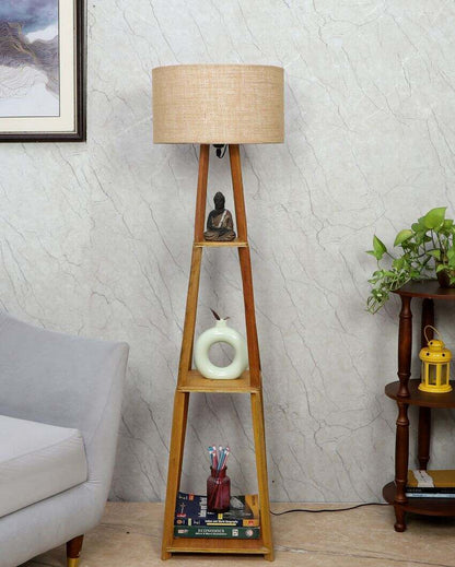 Decorative Three-Tiers Design Wooden Floor Lamp with Jute Shade | Bulb Not Included | 14 x 14 x 52 inches