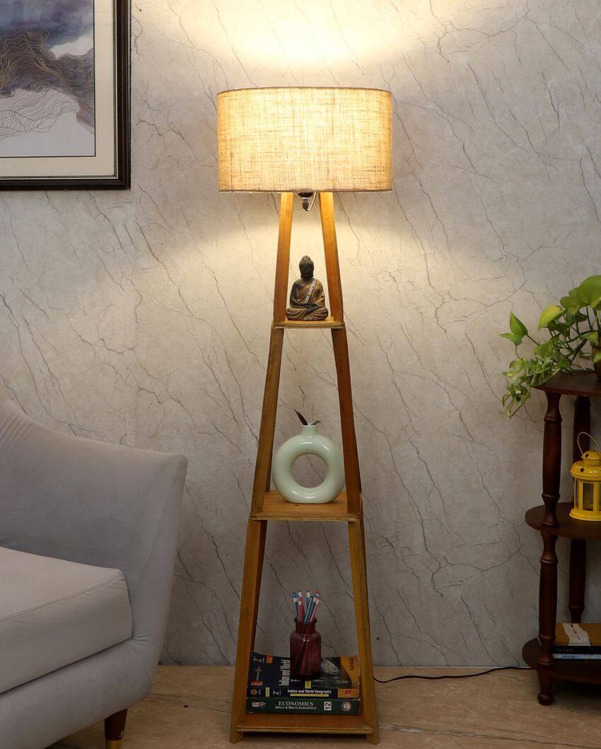 Decorative Three-Tiers Design Wooden Floor Lamp with Jute Shade | Bulb Not Included | 14 x 14 x 52 inches