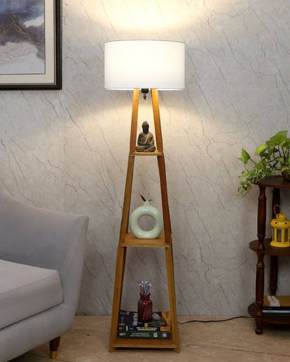 Sky-High Three-Tiers Design Wooden Floor Lamp with Cotton Shade | Bulb Not Included | 14 x 14 x 52 inches