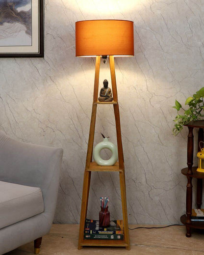 Sky-High Three-Tiers Design Wooden Floor Lamp with Cotton Shade | Bulb Not Included | 14 x 14 x 52 inches