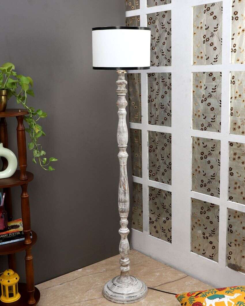 Traditional Design Wooden Floor Lamp with Cotton Shade | Bulb Not Included | 12 x 56 inches