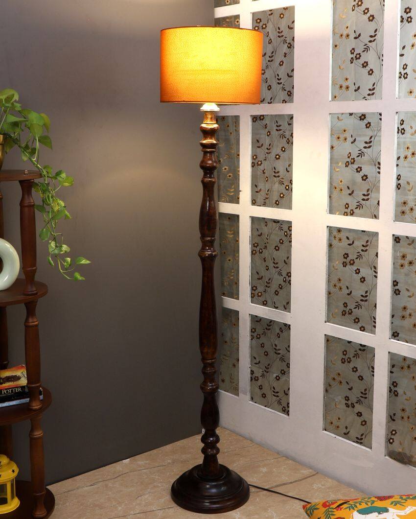 Artesian Mango Wood Floor Lamp with Cotton Shade | Bulb Not Included | 12 x 56 inches