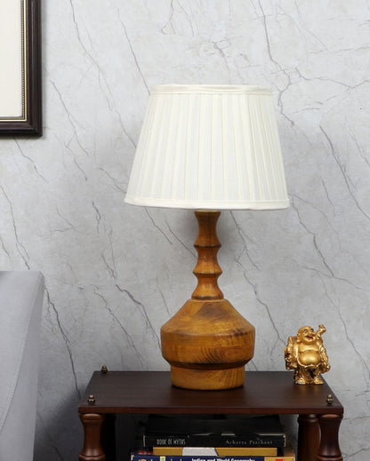 Contemporary Wooden Table Lamp with Off-white Satin Shade | Bulb Not Included | 10 x 18 inches