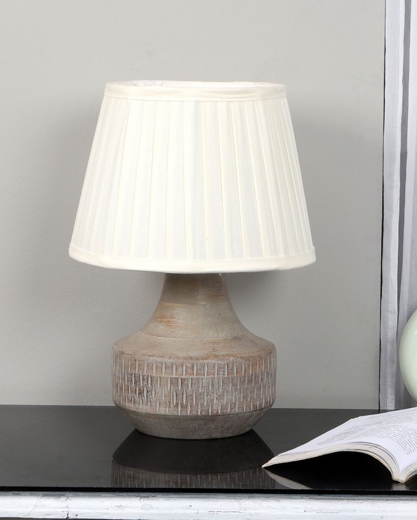 Artisanal Design Wooden Table Lamp with White Satin Shade | Bulb Not Included | 10 x 14 inches