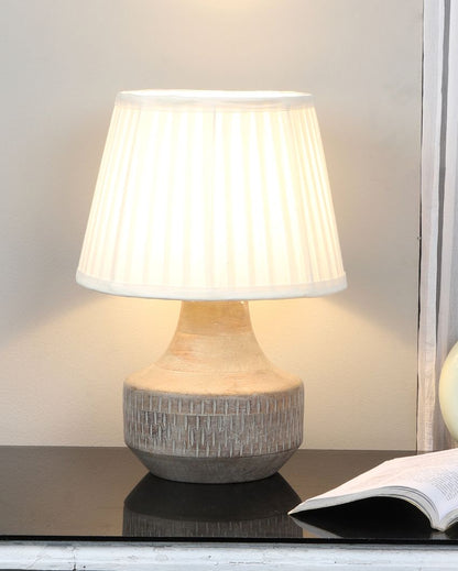 Artisanal Design Wooden Table Lamp with White Satin Shade | Bulb Not Included | 10 x 14 inches