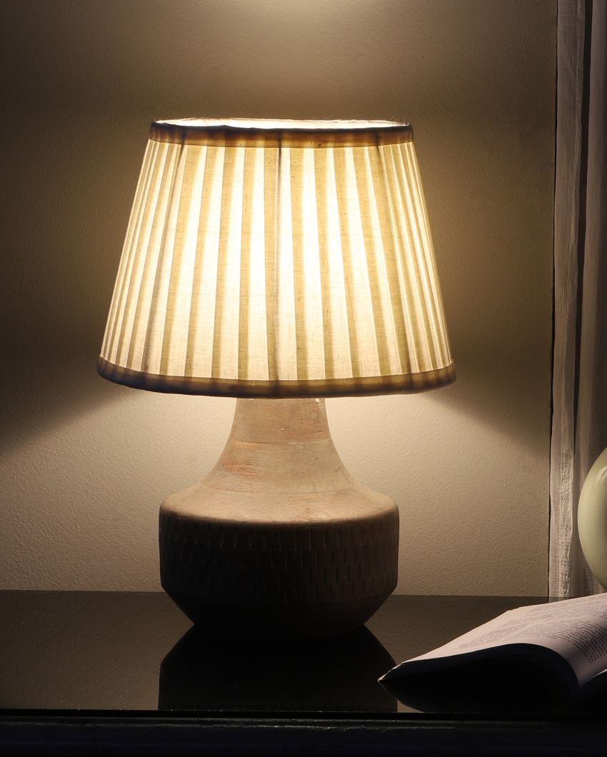 Artisanal Design Wooden Table Lamp with White Satin Shade | Bulb Not Included | 10 x 14 inches