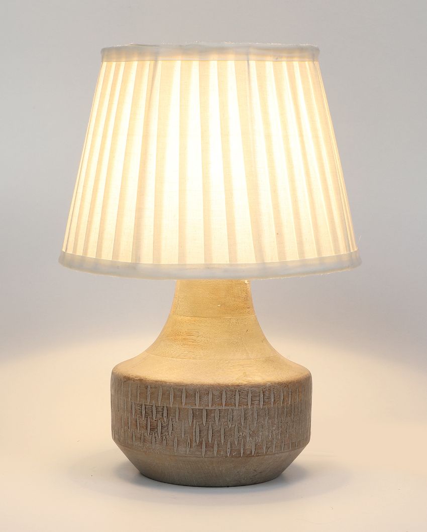 Artisanal Design Wooden Table Lamp with White Satin Shade | Bulb Not Included | 10 x 14 inches