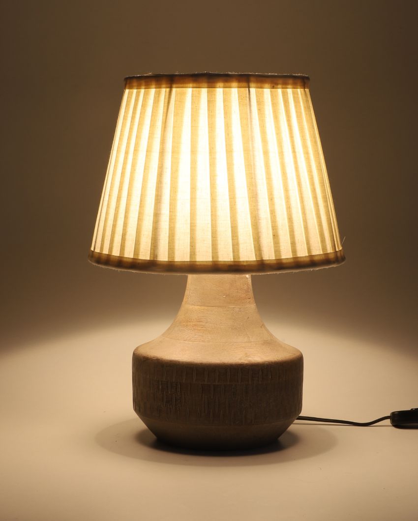 Artisanal Design Wooden Table Lamp with White Satin Shade | Bulb Not Included | 10 x 14 inches