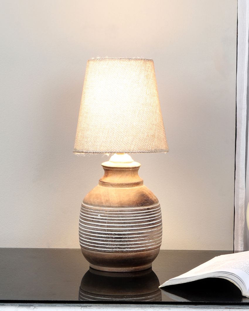 Antique Design Wooden Table Lamp with Off-white Jute Shade | Bulb Not Included | 6 x 13 inches