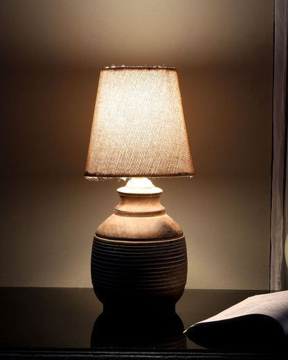 Antique Design Wooden Table Lamp with Off-white Jute Shade | Bulb Not Included | 6 x 13 inches