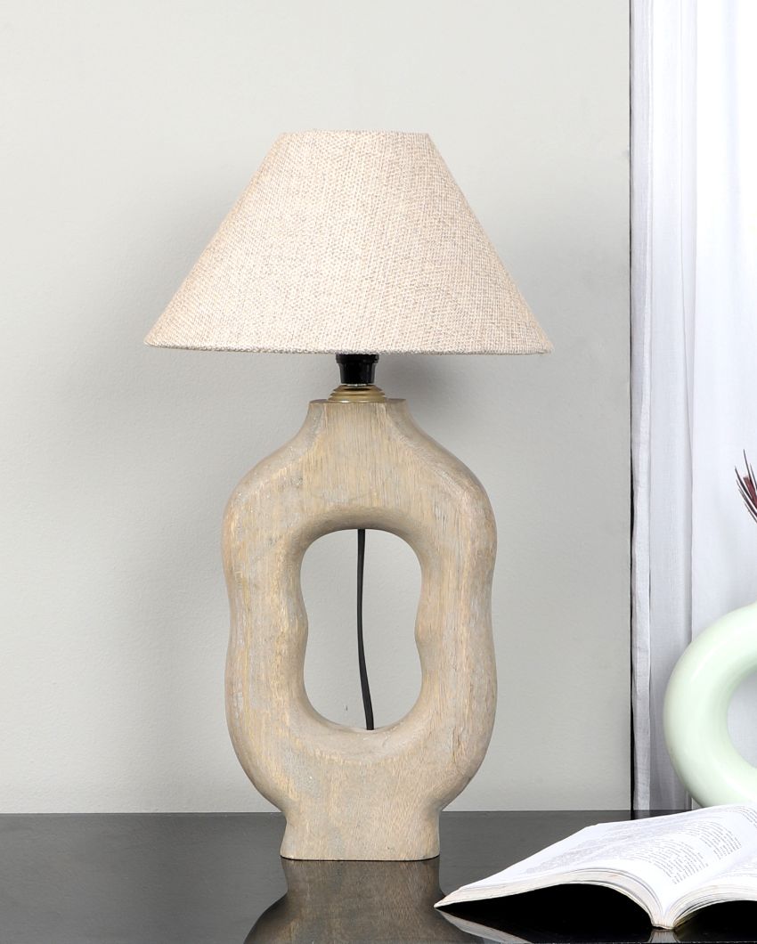 Mid-century Design Wooden Table Lamp with Off-white Jute Shade | Bulb Not Included | 10 x 10 x 18 inches