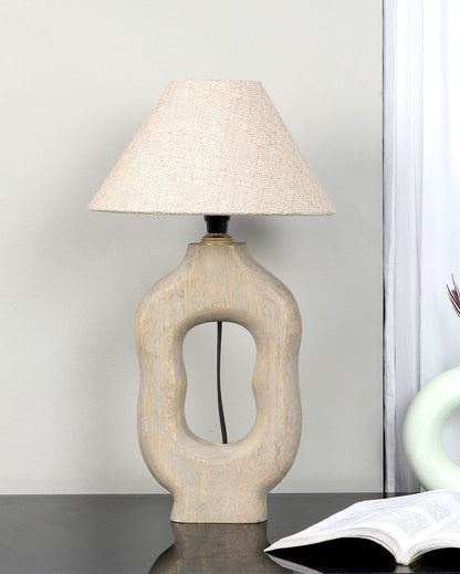 Mid-century Design Wooden Table Lamp with Off-white Jute Shade | Bulb Not Included | 10 x 10 x 18 inches