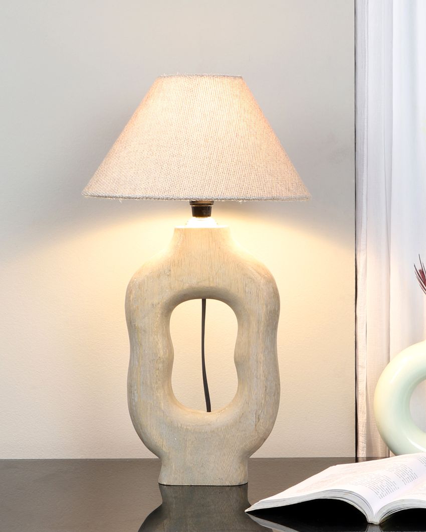 Mid-century Design Wooden Table Lamp with Off-white Jute Shade | Bulb Not Included | 10 x 10 x 18 inches