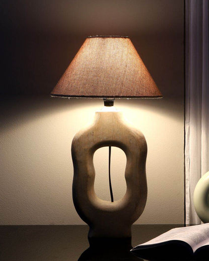 Mid-century Design Wooden Table Lamp with Off-white Jute Shade | Bulb Not Included | 10 x 10 x 18 inches