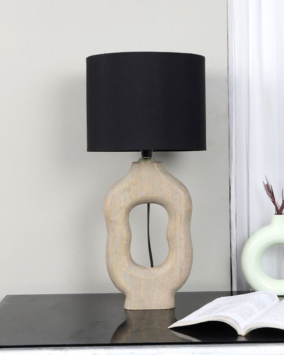 Polished Wooden Table Lamp with Black Cotton Shade | Bulb Not Included | 9 x 9 x 17 inches