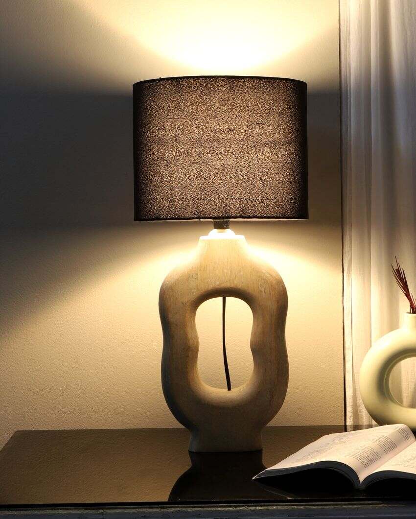 Polished Wooden Table Lamp with Black Cotton Shade | Bulb Not Included | 9 x 9 x 17 inches