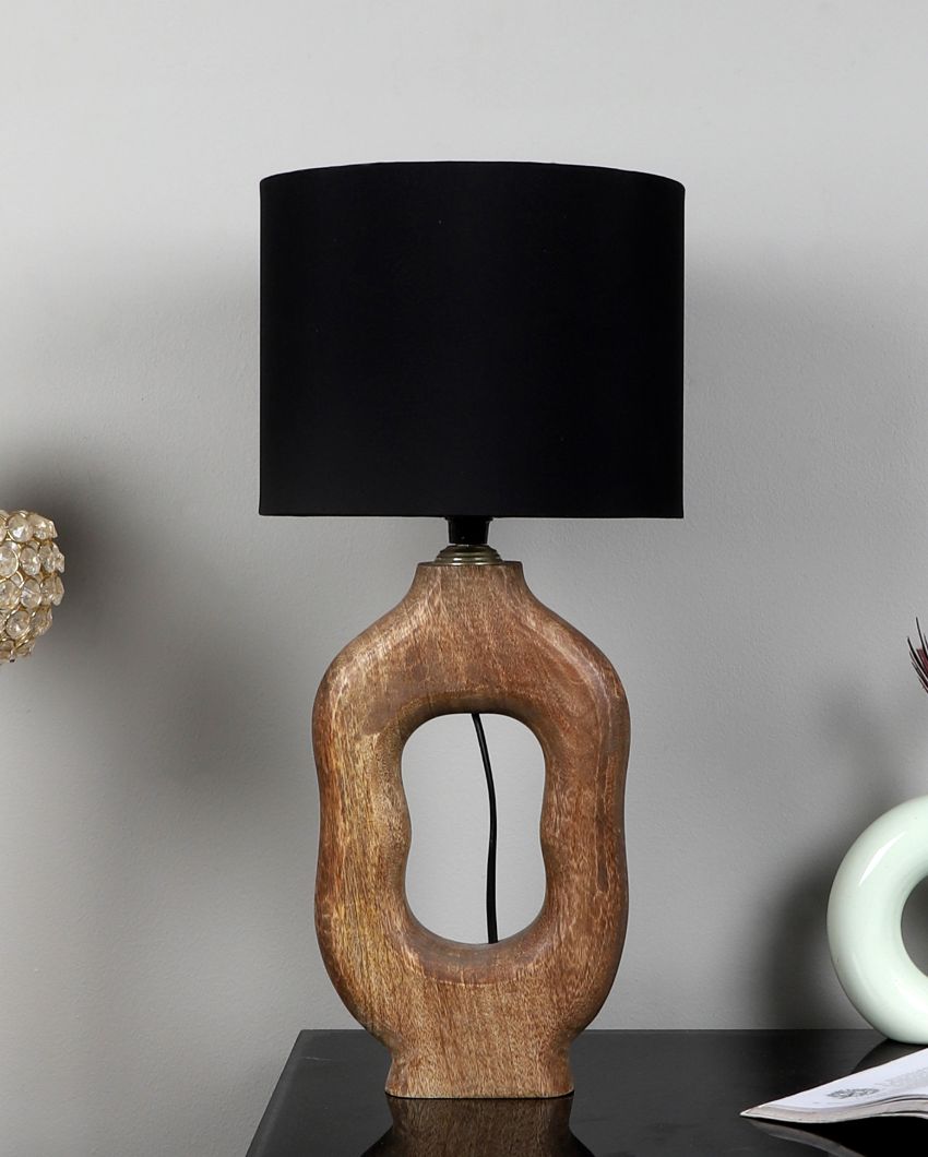 Vintage Wooden Table Lamp with Black Cotton Shade | Bulb Not Included | 9 x 9 x 17 inches