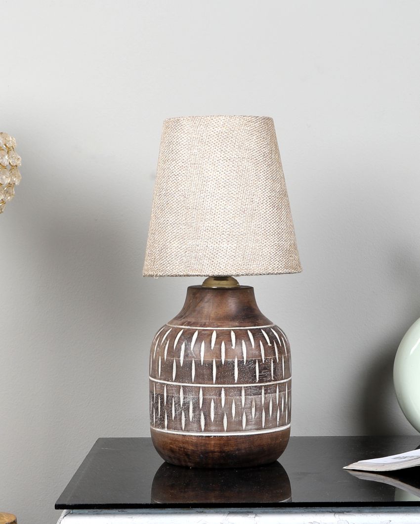 Eye-catchy Wooden Table Lamp with Off-white Jute Shade | Bulb Not Included | 6 x 13 inches