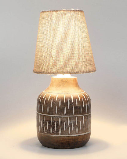 Eye-catchy Wooden Table Lamp with Off-white Jute Shade | Bulb Not Included | 6 x 13 inches