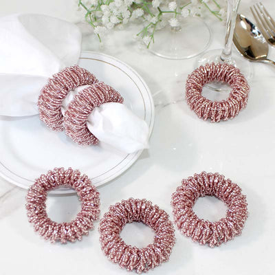 Modern Beaded Napkin Rings  | Set of 6 | Multiple Colors Light Pink