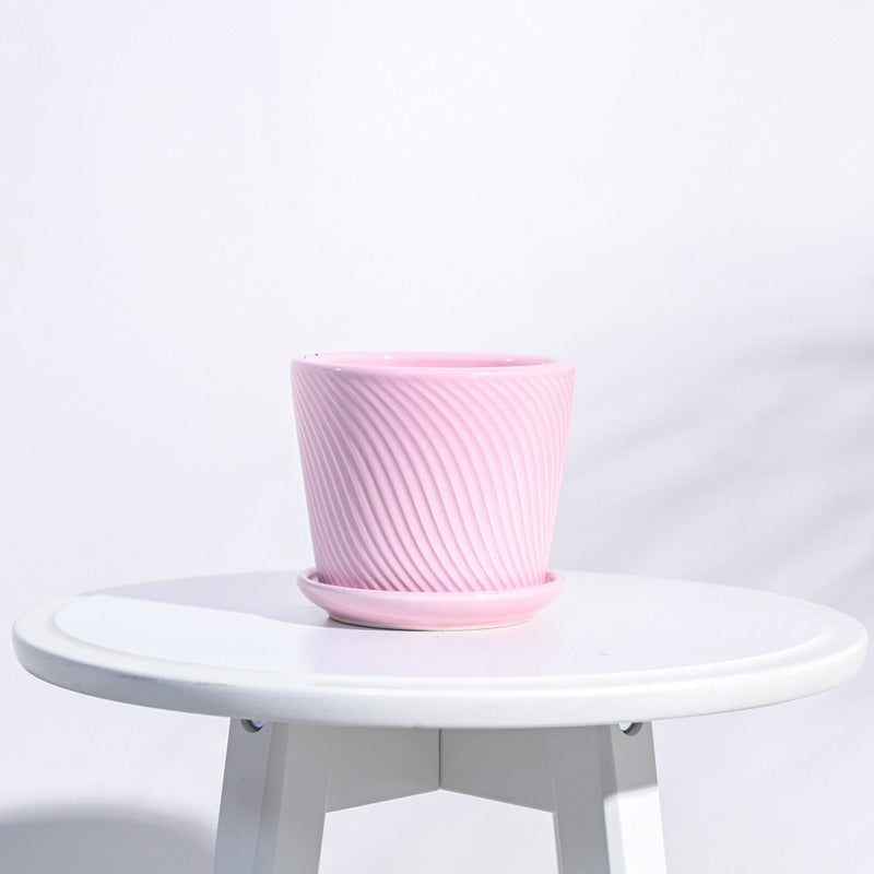 Radiant Spiro Ceramic Pot | 5x4 Inch Crepe Pink