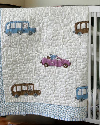 Car Print Non-Toxic Satin Handblock Kids Blanket | 40 x 60 inches