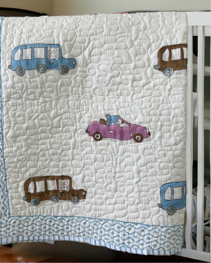 Car Print Non-Toxic Satin Handblock Kids Blanket | 40 x 60 inches