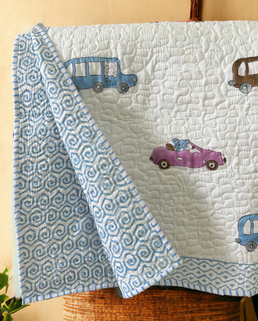 Car Print Non-Toxic Satin Handblock Kids Blanket | 40 x 60 inches