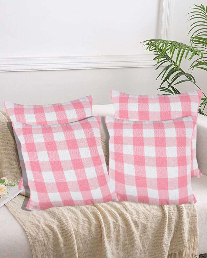 Square Checked Design Cotton Cushion Covers  | Multiple Colors | Set Of 4 | 18 x 18 inches