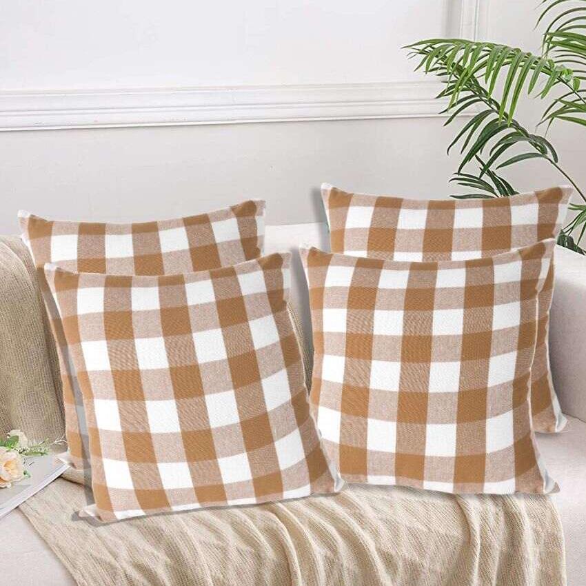 Big Checks Beige Cotton Square Cushion Covers | Set Of 4 | 18 x 18 inches , 20 x 20 inches