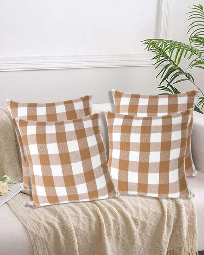 Big Checks Beige Cotton Square Cushion Covers | Set Of 4 | 18 x 18 inches , 20 x 20 inches