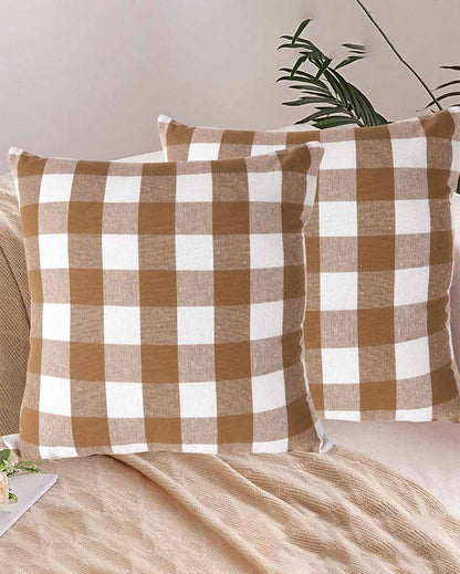 Big Checks Beige Cotton Square Cushion Covers | Set Of 4 | 18 x 18 inches , 20 x 20 inches