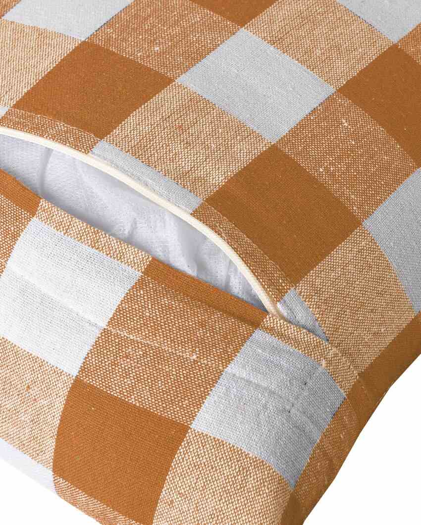 Big Checks Beige Cotton Square Cushion Covers | Set Of 4 | 18 x 18 inches , 20 x 20 inches