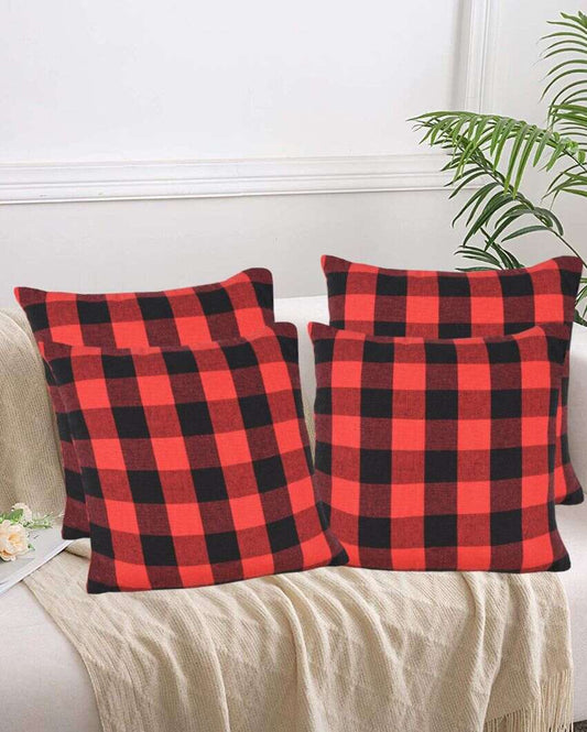 Lady Bug Square Checked Cotton Cushion Covers For Sofa | Set Of 4 | 20 x 20 inches