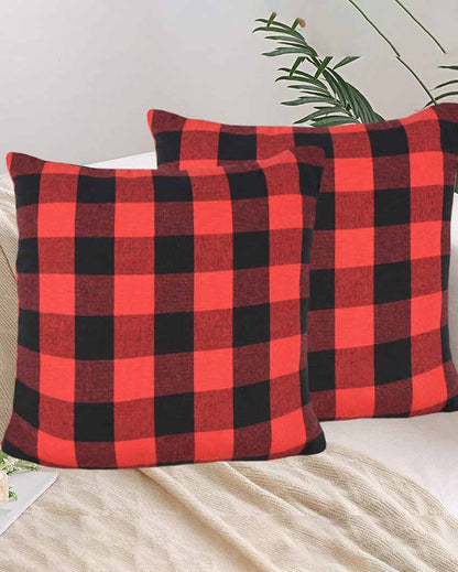 Lady Bug Square Checked Cotton Cushion Covers For Sofa | Set Of 4 | 20 x 20 inches