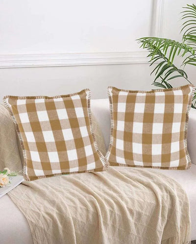 Stitch Beige Check Cotton Square Cushion Covers | Set Of 2 | 20 x 20 inches