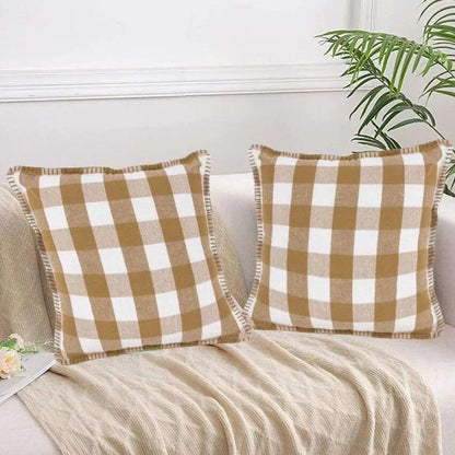 Stitch Beige Check Cotton Square Cushion Covers | Set Of 2 | 20 x 20 inches