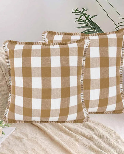 Stitch Beige Check Cotton Square Cushion Covers | Set Of 2 | 20 x 20 inches