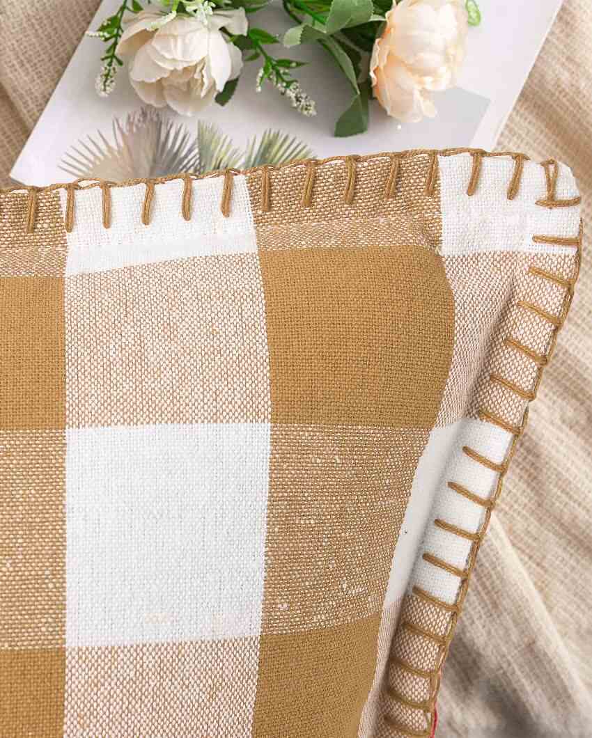 Stitch Beige Check Cotton Square Cushion Covers | Set Of 2 | 20 x 20 inches