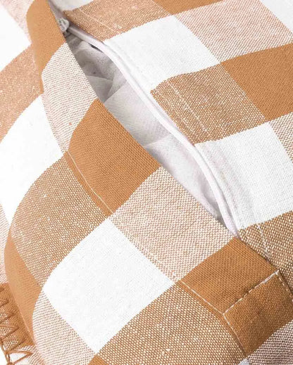 Stitch Beige Check Cotton Square Cushion Covers | Set Of 2 | 20 x 20 inches