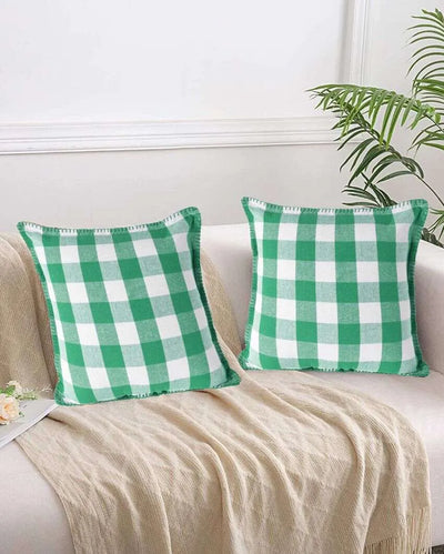 Stitch Green Check Cotton Square Cushion Covers | Set Of 2 | 24 x 24 inches