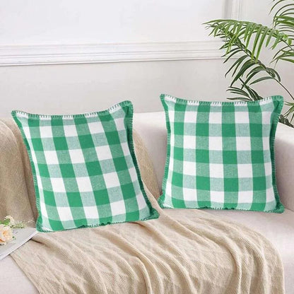 Stitch Green Check Cotton Square Cushion Covers | Set Of 2 | 24 x 24 inches